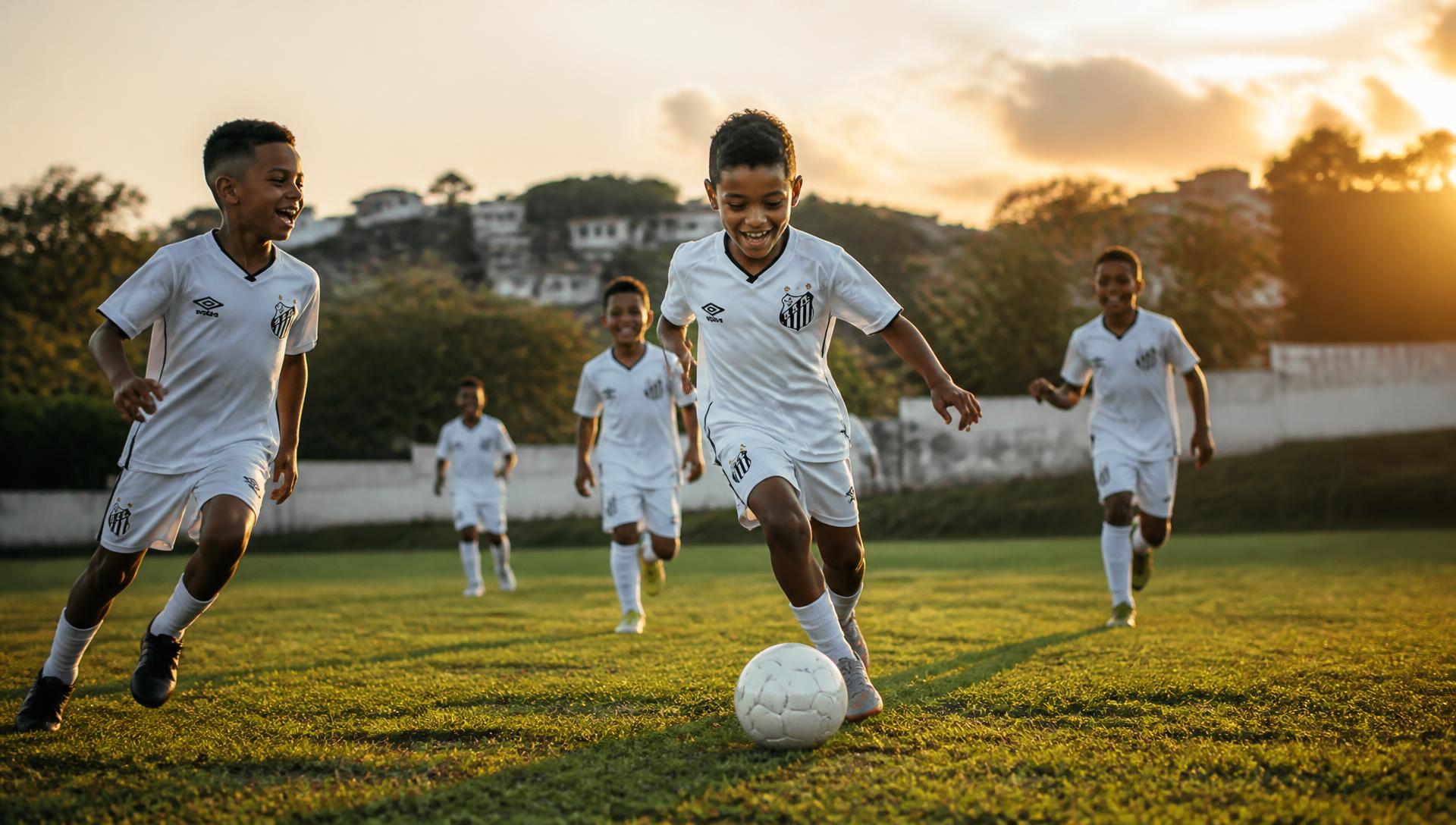 Crianças da Escolinha do Tio Alexandre correndo atrás da bola em campo de grama no fim da tarde